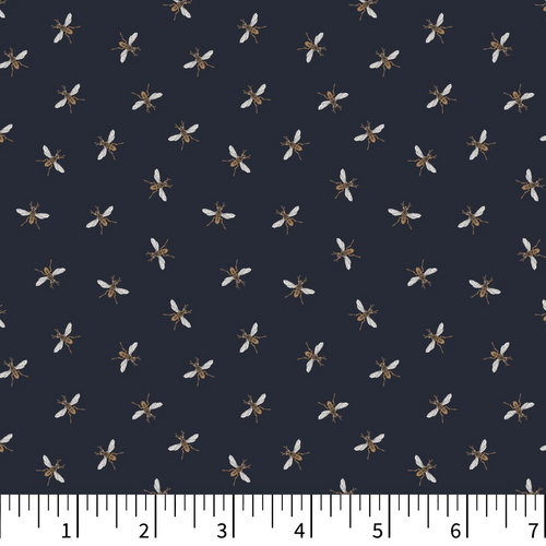 Pattern of bees on a navy background with a ruler at the bottom.
